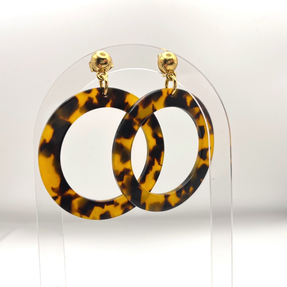 J.Crew Tortoise Resin Hoop Earrings Gold Tone Ball Stud 2 Inch Circle